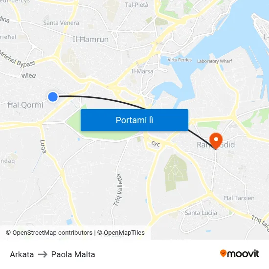 Arkata to Paola Malta map