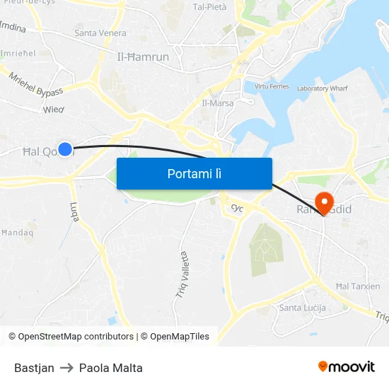 Bastjan to Paola Malta map