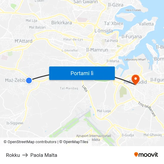 Rokku to Paola Malta map
