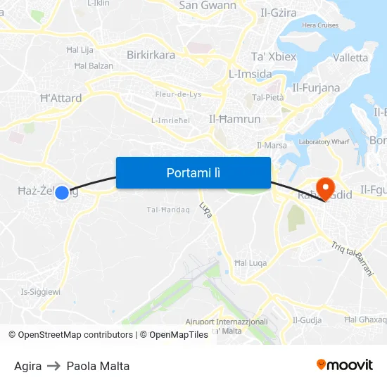 Agira to Paola Malta map