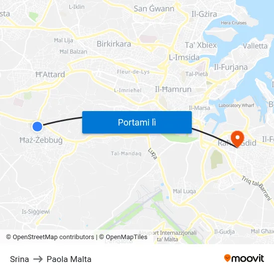 Srina to Paola Malta map