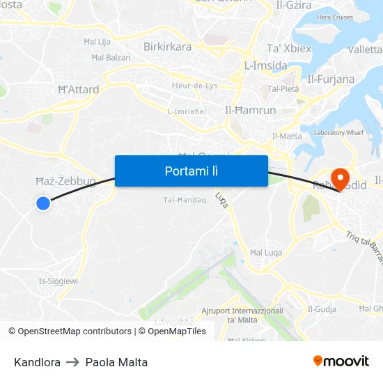Kandlora to Paola Malta map
