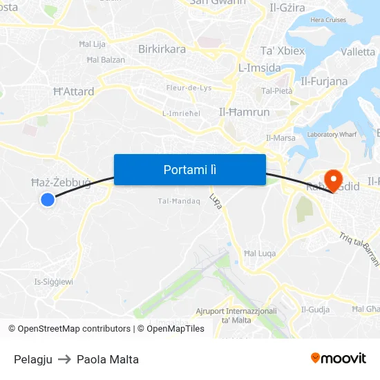 Pelagju to Paola Malta map