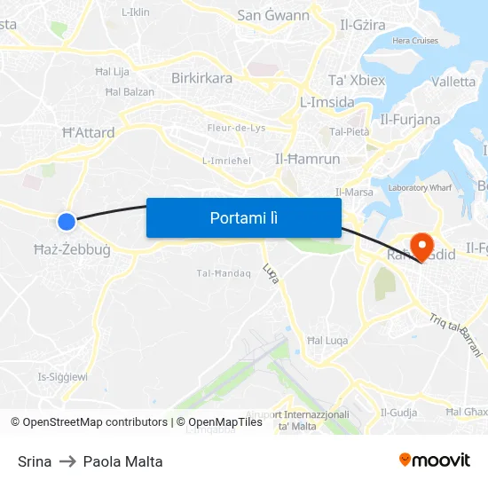 Srina to Paola Malta map