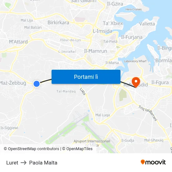 Luret to Paola Malta map