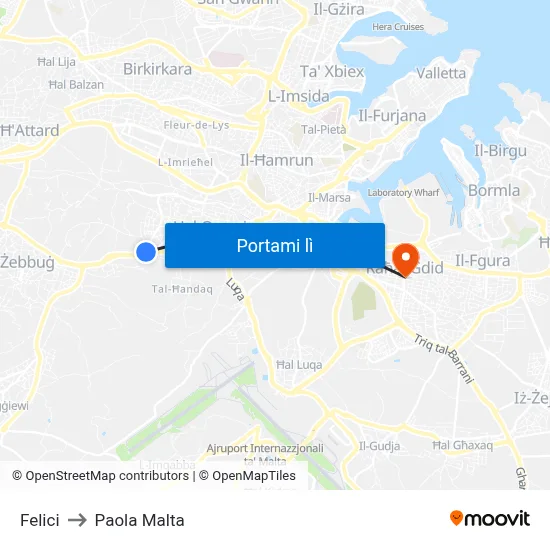 Felici to Paola Malta map