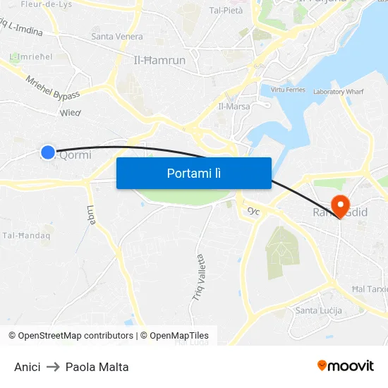Anici to Paola Malta map