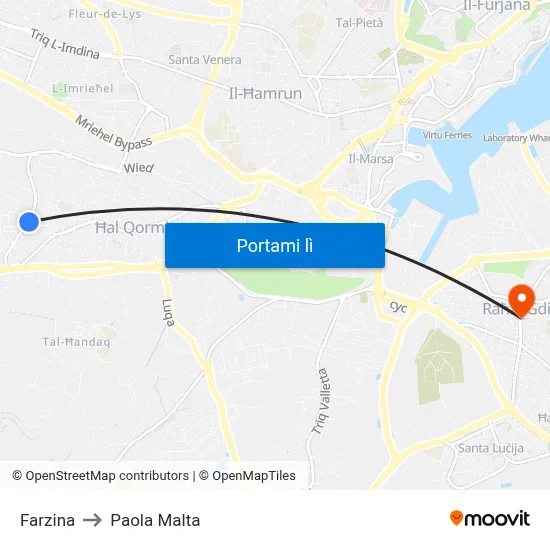 Farzina to Paola Malta map