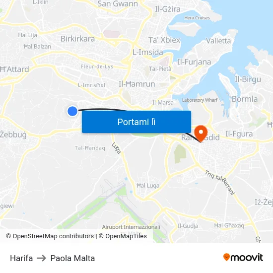 Harifa to Paola Malta map