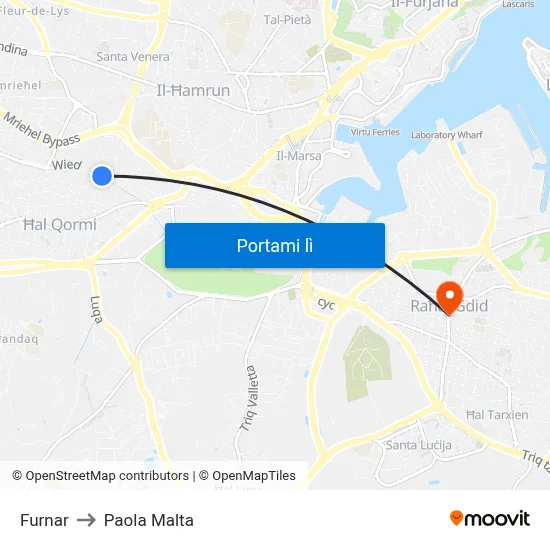 Furnar to Paola Malta map