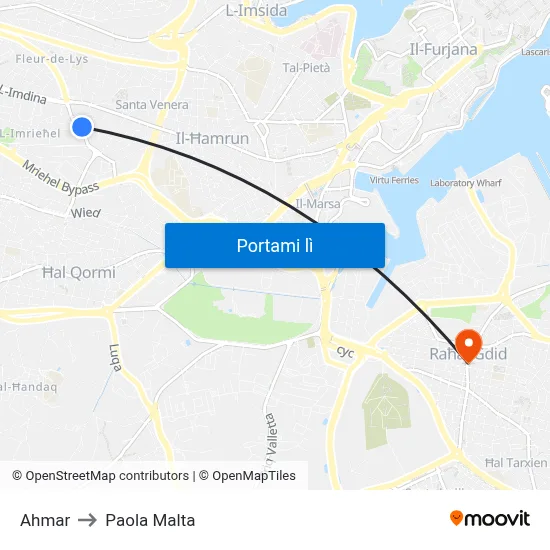 Ahmar to Paola Malta map
