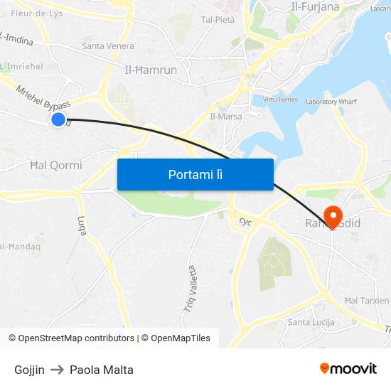 Gojjin to Paola Malta map