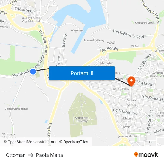 Ottoman to Paola Malta map