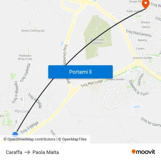 Caraffa to Paola Malta map
