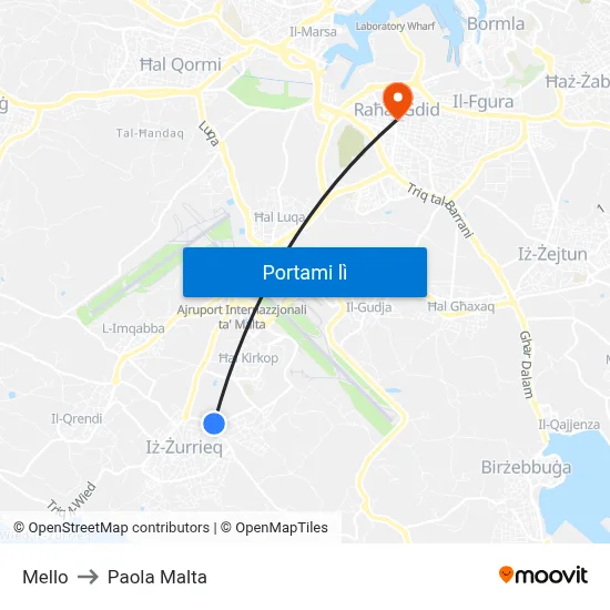 Mello to Paola Malta map