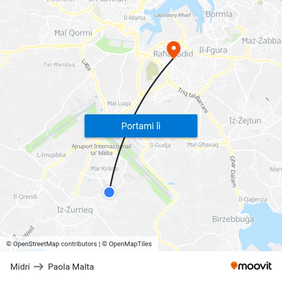 Midri to Paola Malta map
