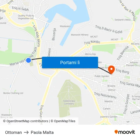 Ottoman to Paola Malta map