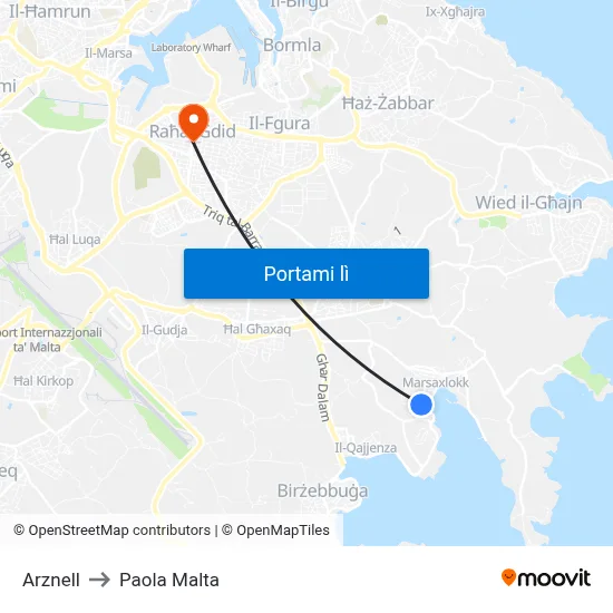 Arznell to Paola Malta map