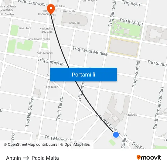 Antnin to Paola Malta map