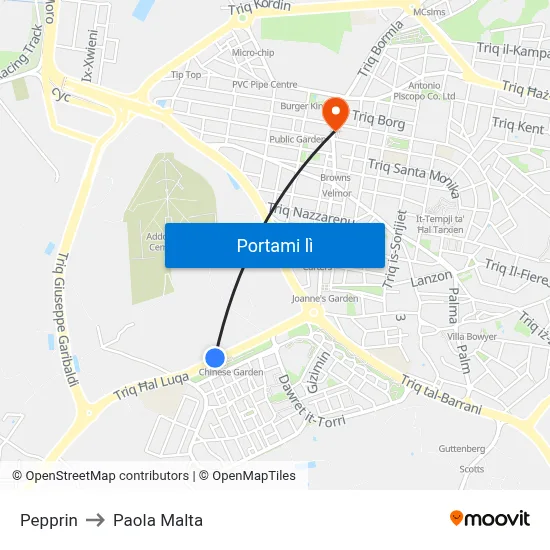 Pepprin to Paola Malta map
