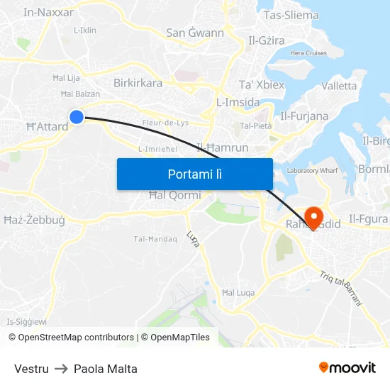 Vestru to Paola Malta map