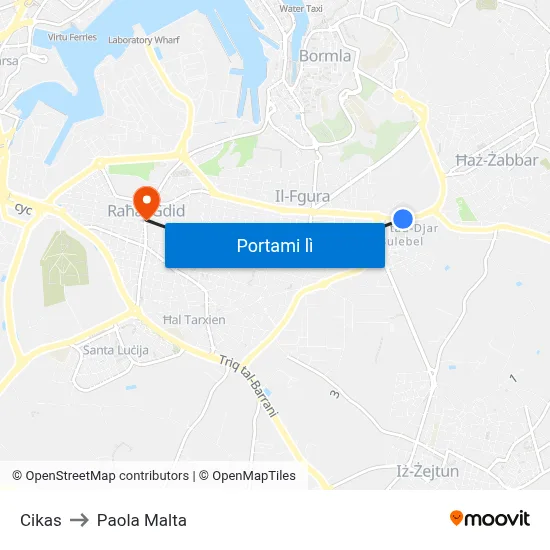 Cikas to Paola Malta map