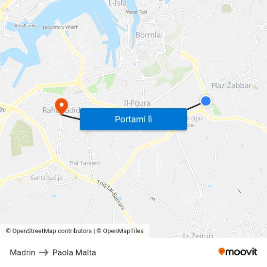 Madrin to Paola Malta map
