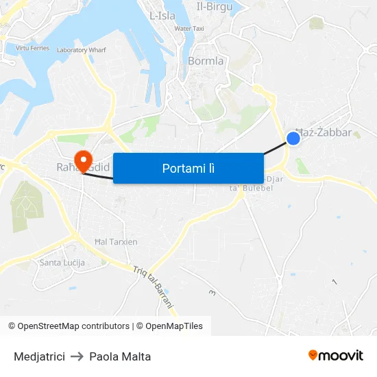 Medjatrici to Paola Malta map