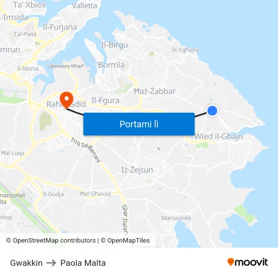Gwakkin to Paola Malta map