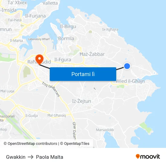 Gwakkin to Paola Malta map
