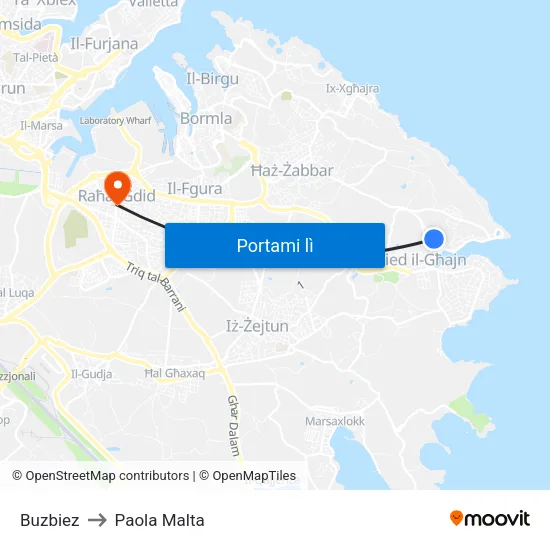 Buzbiez to Paola Malta map