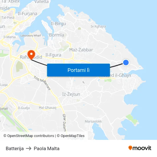Batterija to Paola Malta map