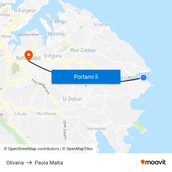 Olivana to Paola Malta map