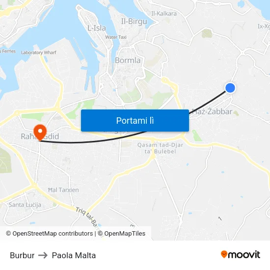 Burbur to Paola Malta map