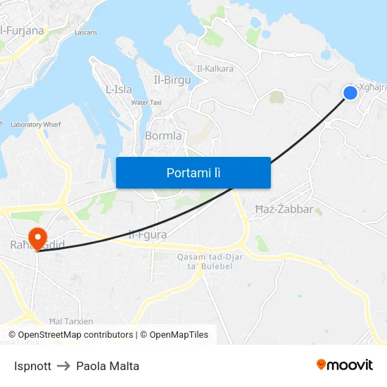 Ispnott to Paola Malta map