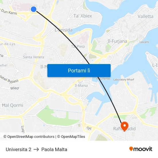Universita 2 to Paola Malta map