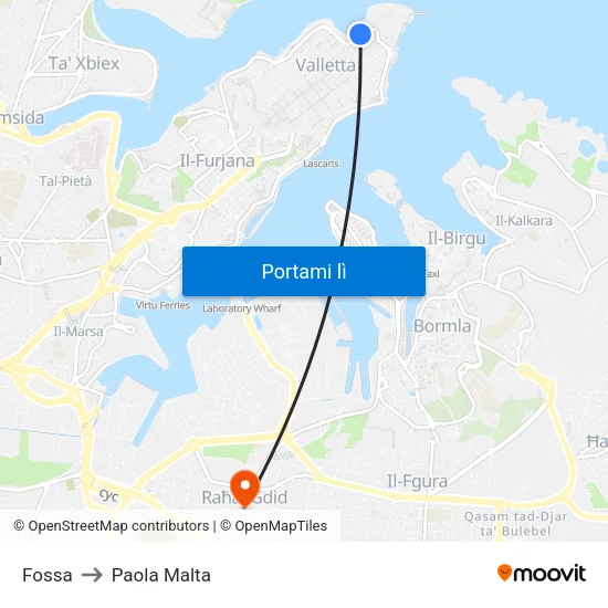 Fossa to Paola Malta map