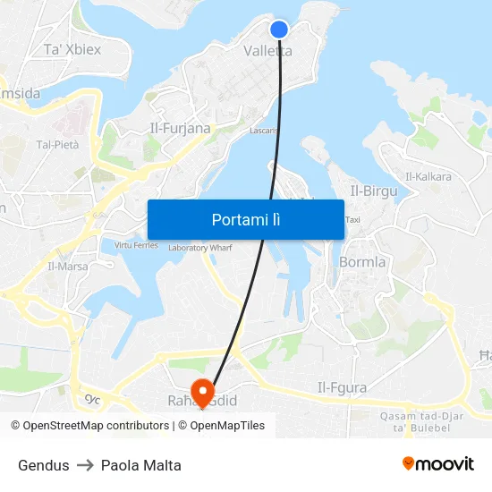 Gendus to Paola Malta map