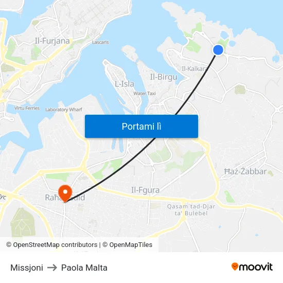 Missjoni to Paola Malta map