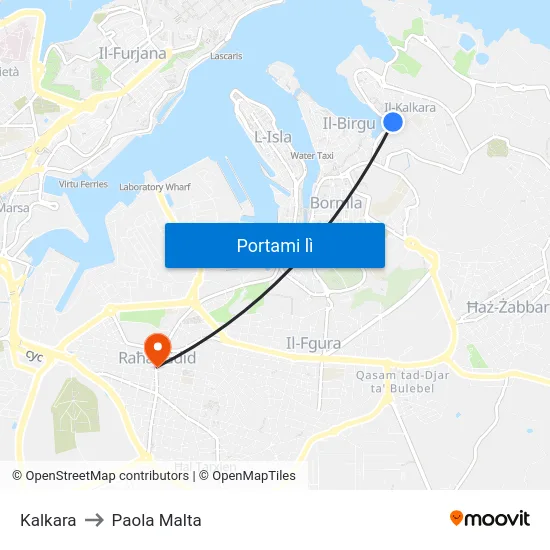 Kalkara to Paola Malta map