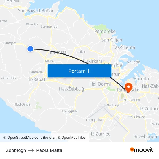 Zebbiegh to Paola Malta map