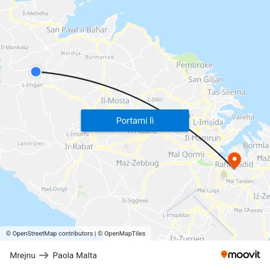 Mrejnu to Paola Malta map