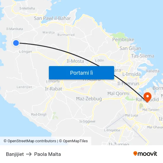 Banjijiet to Paola Malta map