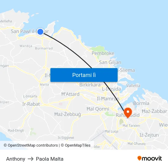 Anthony to Paola Malta map