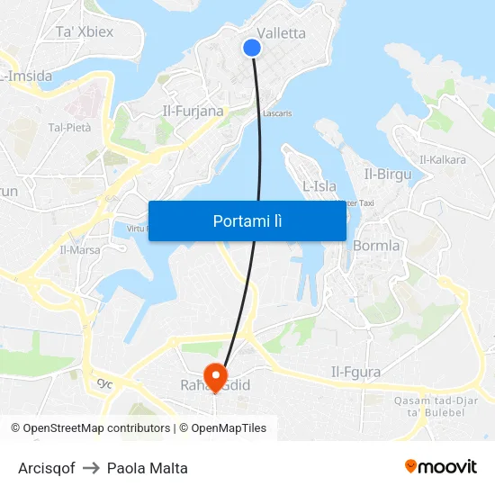 Arcisqof to Paola Malta map
