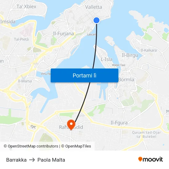 Barrakka to Paola Malta map