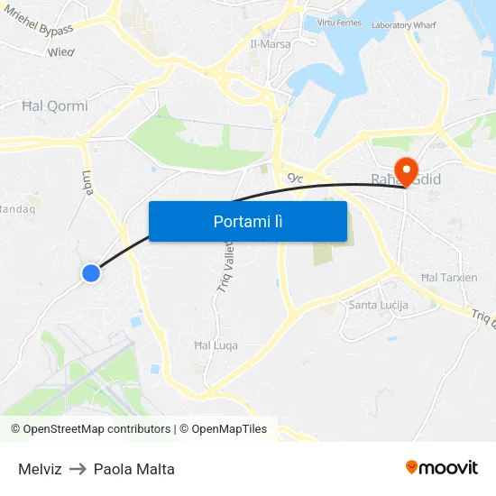 Melviz to Paola Malta map
