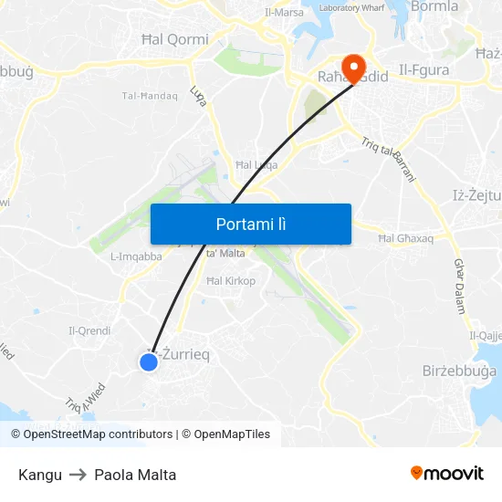 Kangu to Paola Malta map