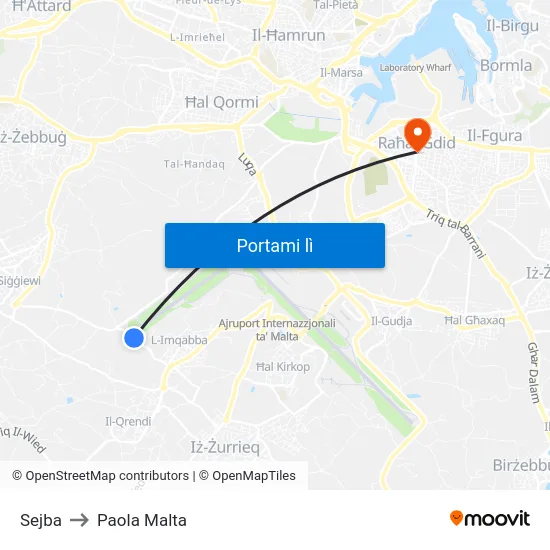 Sejba to Paola Malta map