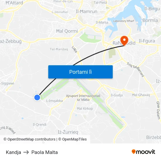 Kandja to Paola Malta map